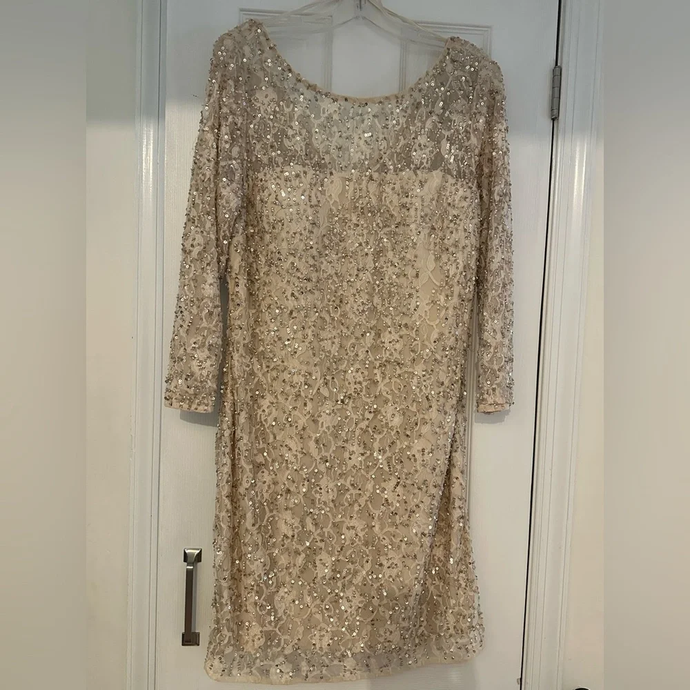 Aidan Mattox Champagne Sequin Long Sleeve Dress - Picture 1 of 3